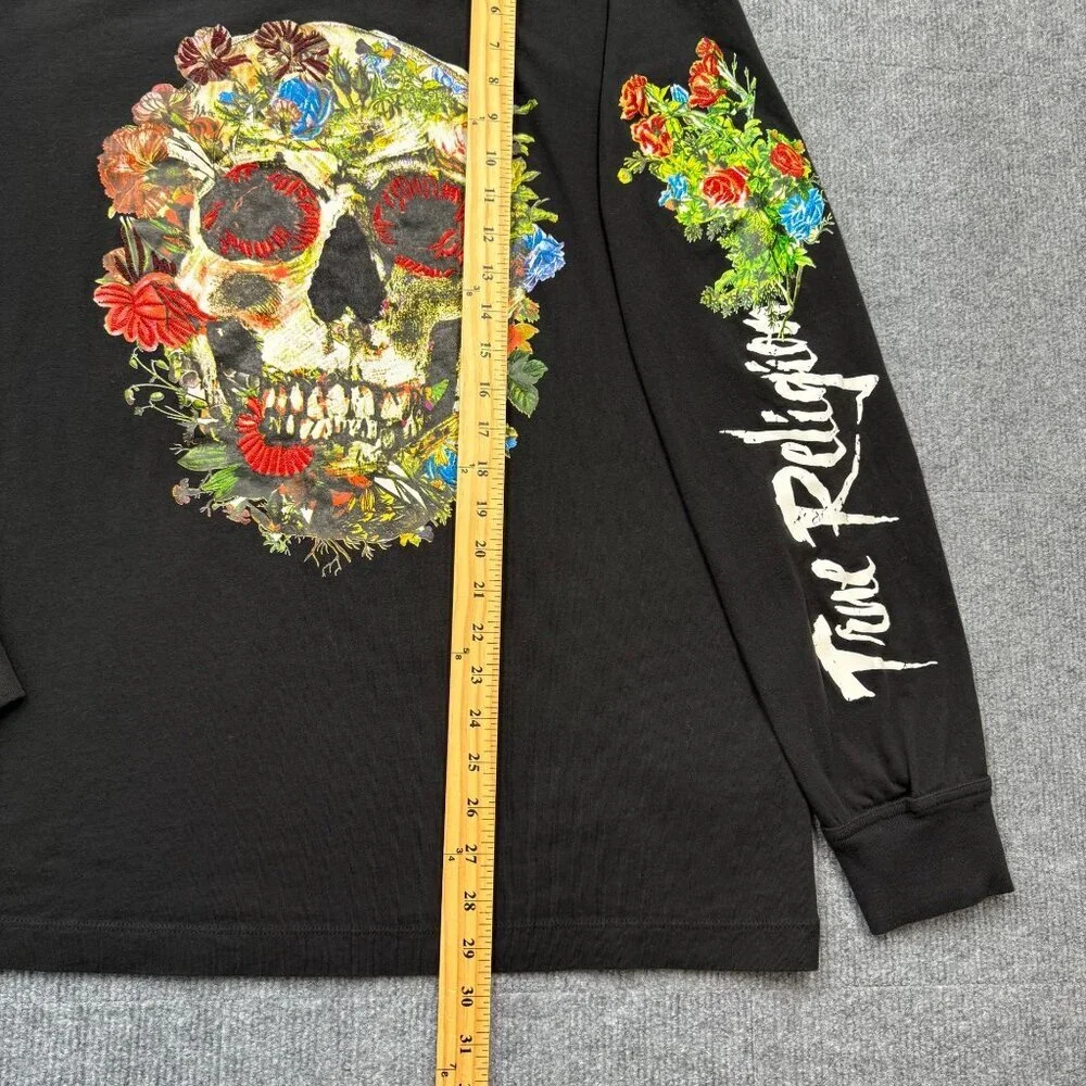RARE True Religion Skull Bloom Flowers Sugar Skull Long Sleeve Tee Black Mens XL